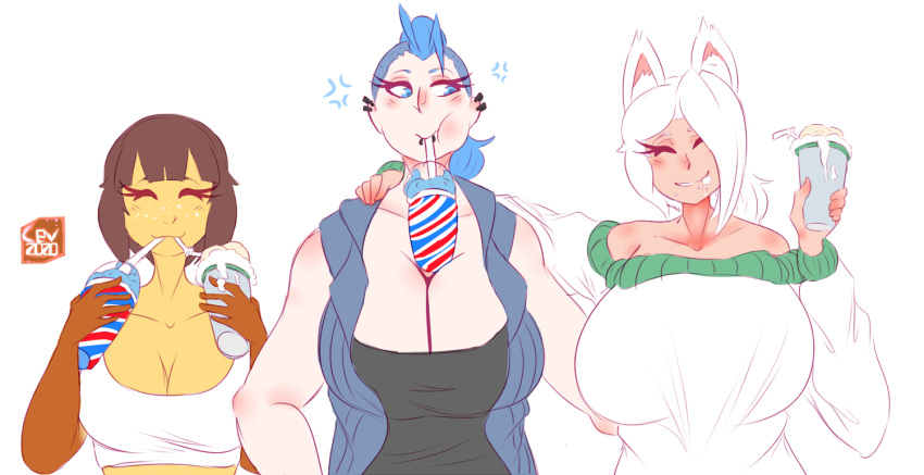 3girls ^_^ animal_ears big_breasts blue_hair breast_squish breasts cat_ears cev cleavage closed_eyes collarbone drinking drinks ear_fluff female_only fluffy_ears hand_on_another's_shoulder happy lineup looking_at_another medium_hair off_shoulder sleeveless slurpee smile smiling straw white_hair yellow_skin