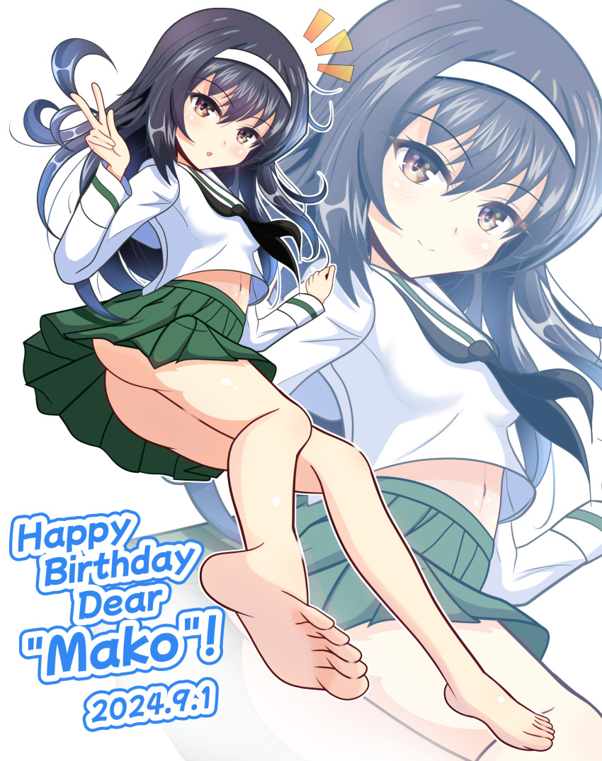 ass barefoot black_hair blush breasts brown_eyes character_name closed_mouth dated female girls_und_panzer hairband happy_birthday highres kumaisao long_hair looking_at_viewer navel no_panties ooarai_school_uniform open_mouth reizei_mako school_uniform small_breasts smile solo v