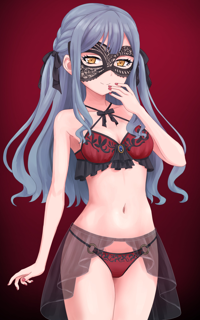 absurdres ave_mujica_(bang_dream!) bang_dream! black_bow black_mask blue_hair bow bra braid breasts cowboy_shot criss-cross_halter female frilled_bra frills funoki hairbow halterneck hand_on_own_face highres lingerie long_hair looking_at_viewer mask masquerade_mask medium_breasts o-ring o-ring_bottom o-ring_panties orange_eyes panties red_background red_bra red_nails red_panties see-through see-through_skirt showgirl_skirt side_braids skirt smile smirk solo stomach string_panties togawa_sakiko underwear