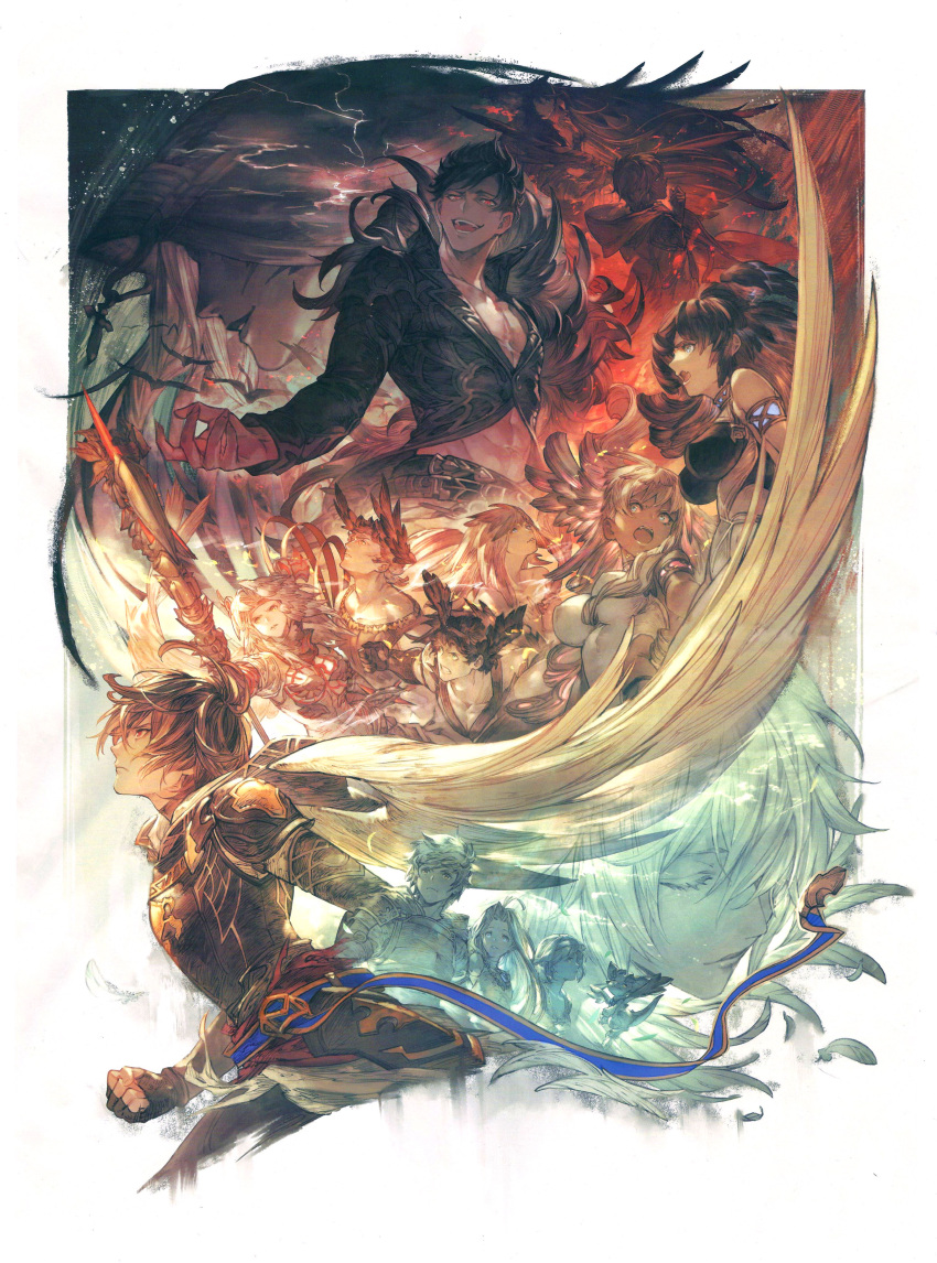 1other 6+boys 6+girls abs absurdres ahoge angel armlet armor beelzebub_(granblue_fantasy) belial_(granblue_fantasy) belt black_hair black_sky blonde_hair blue_belt breastplate breasts brown_hair cape cleavage closed_eyes cloud cloudy_sky commentary crease cross dark-skinned_female dark-skinned_male dark_skin djeeta_(granblue_fantasy) download_link dragon electricity english_commentary everyone expressionless eyelashes facing_away feather_hair feathered_wings feathers fingerless_gloves from_above frown gabriel_(granblue_fantasy) gloves glowing glowing_eyes gran_(granblue_fantasy) granblue_fantasy hair_between_eyes halluel_(granblue_fantasy) head_wings headband highres hip_armor holding holding_sword holding_weapon hood hood_down jewelry lipstick long_hair looking_at_viewer looking_down looking_up lucifer_(shingeki_no_bahamut) lucilius_(granblue_fantasy) lyria_(granblue_fantasy) magazine_scan makeup malluel_(granblue_fantasy) medium_breasts messy_hair michael_(granblue_fantasy) minaba_hideo mountainous_horizon multicolored_background multiple_boys multiple_girls multiple_views off_shoulder official_art outstretched_arm parted_bangs partially_undressed pink_hair profile purple_lips sandalphon_(granblue_fantasy) sariel_(granblue_fantasy) scan scenery short_hair shoulder_armor silhouette sky sleeveless spiked_hair stitched sword tan third-party_source turtleneck uriel_(granblue_fantasy) vyrn_(granblue_fantasy) weapon white_cape white_feathers white_hair wings