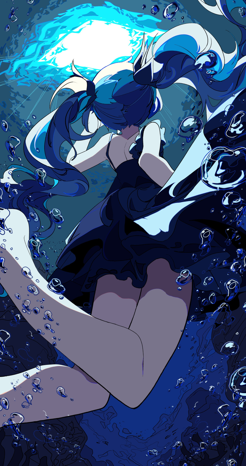 absurdres air_bubble aqua_background aqua_hair arm_up back backless_dress backless_outfit bare_shoulders barefoot black_dress blue_background blue_hair blue_theme bubble caustics dress female floating_hair foreshortening frilled_dress frills from_behind hatsune_miku highres kasaki_sakura leg_up long_hair median_furrow pale_skin shinkai_shoujo_(vocaloid) sleeveless sleeveless_dress solo submerged swimming twintails underwater very_long_hair vocaloid wavy_hair