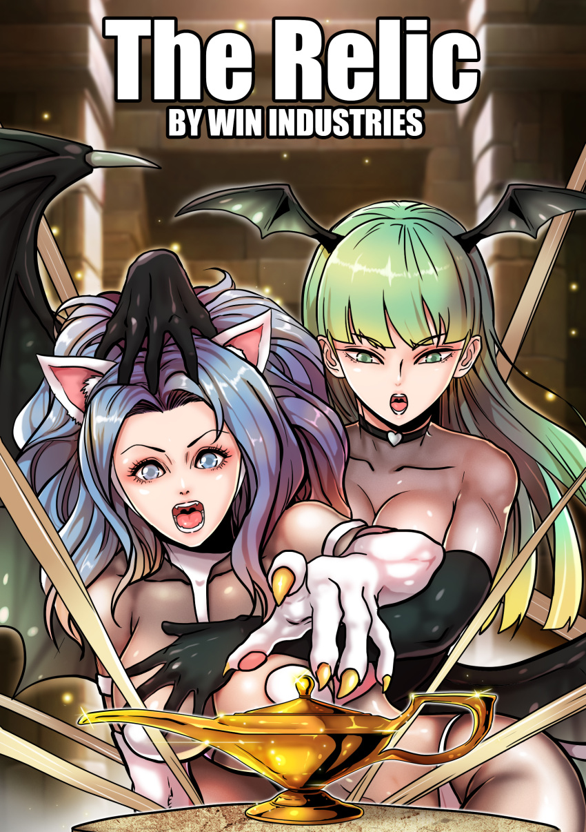 2girls absurdres animal_ears awestruck blue_eyes blue_hair blunt_bangs breasts cat_ears cat_girl darkstalkers elbow_gloves felicia_(darkstalkers) gloves green_eyes green_hair hand_on_another's_chest hand_on_another's_head head_wings highres holding_back latex long_hair morrigan_aensland multiple_girls voreprank wavy_hair white_fur wings