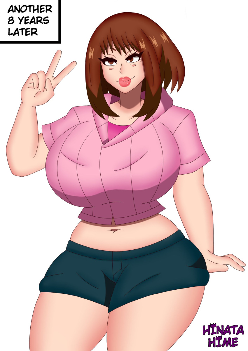 1girls aged_up alternate_breast_size artist_name big_breasts breasts clothed female female_focus female_only female_solo hinata-hime huge_breasts large_breasts milf milfification my_hero_academia post-timeskip simple_background solo solo_female solo_focus uraraka_ochako v white_background