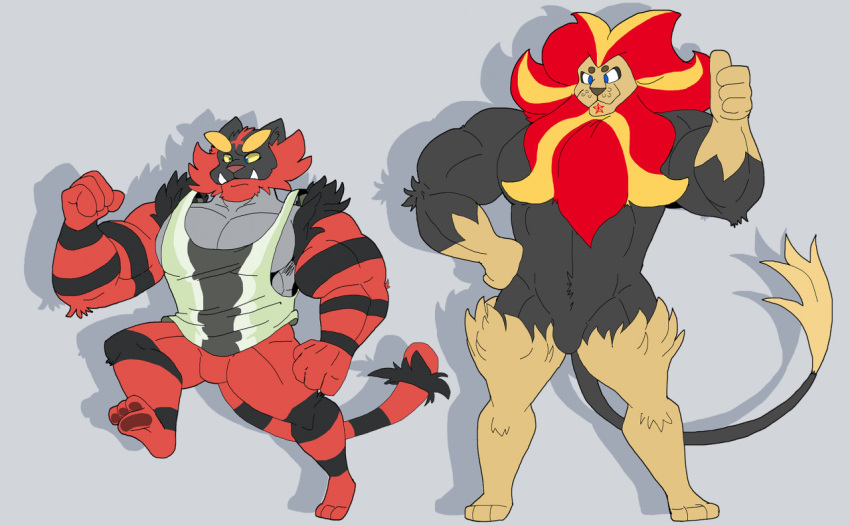 3_toes 4_fingers anthro big_muscles black_body black_fur black_markings clothed clothing countershading duo fangs feet fingers fist fur generation_6_pokemon generation_7_pokemon gesture grey_background grey_body grey_countershading hand_gesture huge_muscles incineroar looking_at_viewer male markings mc_morrales muscular nintendo nude pantsless plantigrade pokemon pokemon_(species) pyroar red_body red_fur running simple_background smile standing sweatshirt teeth thumbs_up toes