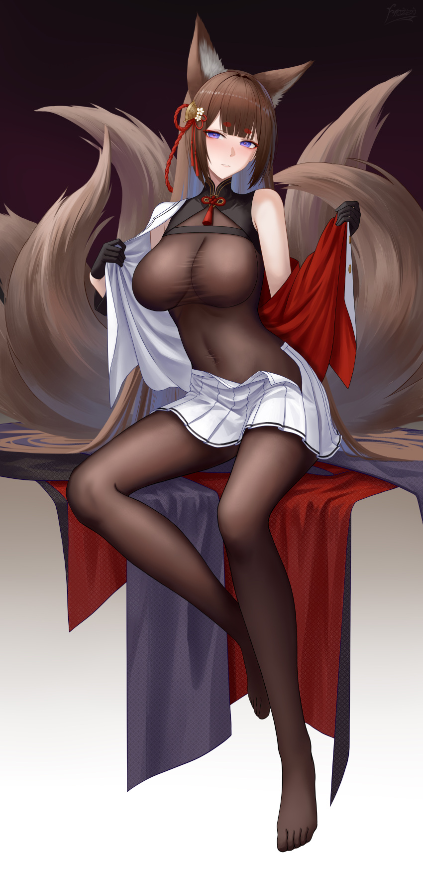 absurdres amagi_(azur_lane) amagi_(cv)_(azur_lane) animal_ear_fluff animal_ears azur_lane black_gloves bodystocking breasts brown_hair covered_navel eyeliner female fox_ears fox_girl fox_tail frozen-sad full_body gloves hair_ornament highres hikimayu incredibly_absurdres large_breasts light_blush long_hair looking_at_viewer makeup parted_lips pleated_skirt purple_eyes red_eyeliner signature sitting skirt solo tail taut_bodystocking taut_clothes undressing very_long_hair white_skirt