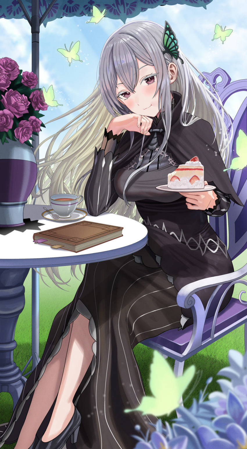 black_capelet black_dress blush breasts butterfly_hair_ornament cake capelet chair colored_eyelashes dress echidna_(re:zero) female food hair_between_eyes hair_ornament highres large_breasts long_hair long_sleeves looking_at_viewer plate re:zero_kara_hajimeru_isekai_seikatsu silvertsuki sitting smile solo table white_hair