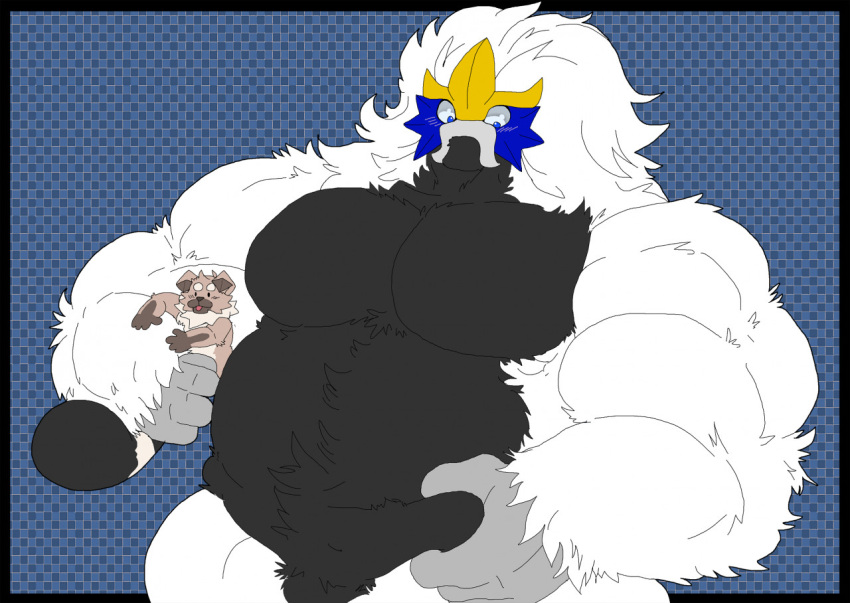 2020 alternate_species anthro anthrofied black_body black_countershading countershading duo entei fur generation_2_pokemon generation_7_pokemon hand_on_belly holding_another huge_muscle legendary_pokemon male mc_morrales musclegut muscular nintendo nude pokemon pokemon_(species) rockruff size_difference soleo_the_solgaleo white_body white_fur