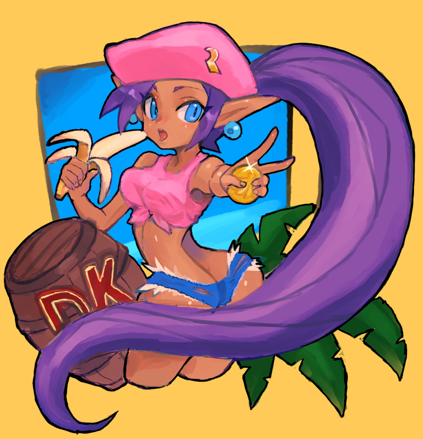 ass banana barrel beret blue_eyes breasts coin cosplay crop_top cropped_legs dakusuta dark-skinned_female dark_skin denim denim_shorts dixie_kong dixie_kong_(cosplay) donkey_kong_(series) earrings eyelashes eyeshadow female food front-tie_top fruit glint gold_coin hands_up hat highres holding holding_coin holding_food holding_fruit jewelry large_breasts leaf light_blush long_hair long_pointy_ears looking_at_viewer looking_back makeup micro_shorts open_mouth pink_hat pink_tank_top pointy_ears ponytail purple_hair shantae shantae_(series) shorts solo sphere_earrings tank_top torn_clothes torn_shorts twisted_torso v