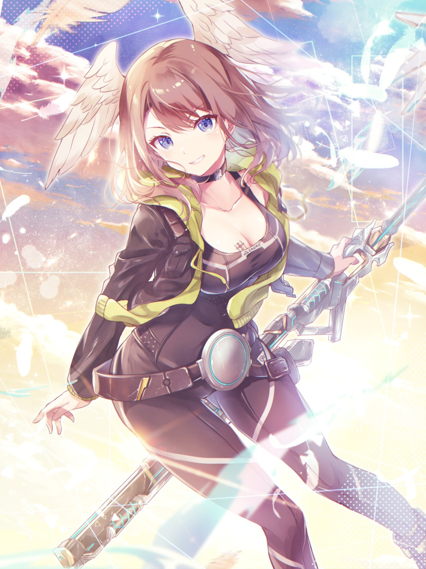 black_bodysuit black_jacket blue_eyes bodysuit breasts brown_hair chest_tattoo cowboy_shot eunie_(xenoblade) feathered_wings feathers female head_wings highres holding holding_sword holding_weapon jacket large_breasts medium_hair parted_lips smile solo sword tattoo teeth ui_frara weapon white_feathers white_wings wings xenoblade_chronicles_(series) xenoblade_chronicles_3