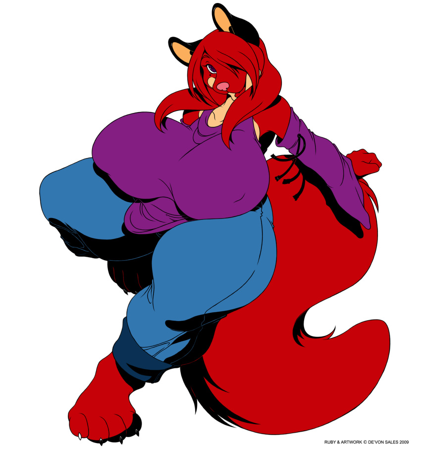 2009 anthro big_breasts bottomwear breasts canid canine clothing deonwolf digital_media_(artwork) female flat_colors fox fur hair hi_res huge_breasts mammal markings mole_(marking) open_mouth pants red_body red_fur red_hair ruby_(deonwolf) shirt solo thick_thighs topwear