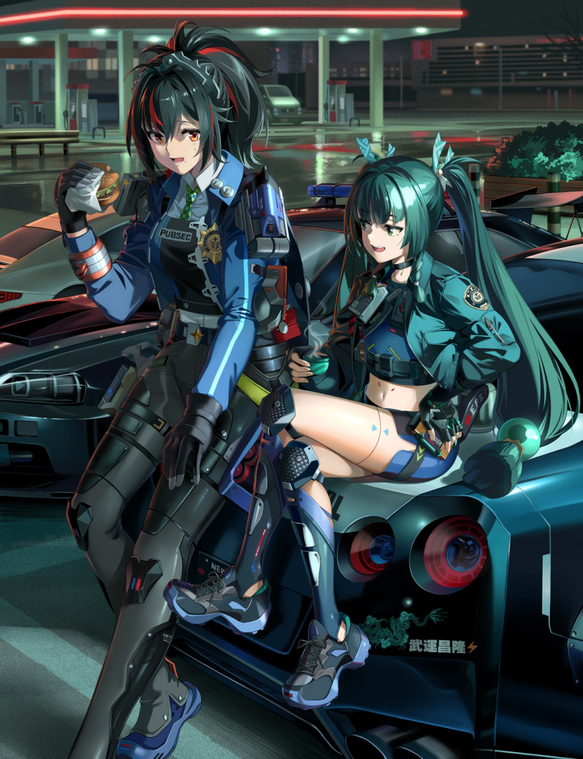 2girls black_gloves black_hair black_pants blue_jacket blue_necktie bollard burger car checkered_necktie clothes_writing collared_shirt commentary_request crop_top crossed_legs cup fingerless_gloves food food_on_face garage gloves green_eyes green_hair green_jacket green_necktie hair_between_eyes half_updo hand_on_own_hip highres holding holding_burger holding_food jacket knee_pads leaning long_hair looking_at_another lower_teeth_only midriff motor_vehicle multicolored_hair multiple_girls navel necktie neko_(yanshoujie) night on_car open_clothes open_jacket open_mouth orange_eyes outdoors pants ponytail qingyi_(zenless_zone_zero) red_hair shirt shorts sidelocks sitting steam streaked_hair sweatdrop teeth tight_clothes tight_pants twintails very_long_hair white_shirt white_shorts zenless_zone_zero zhu_yuan