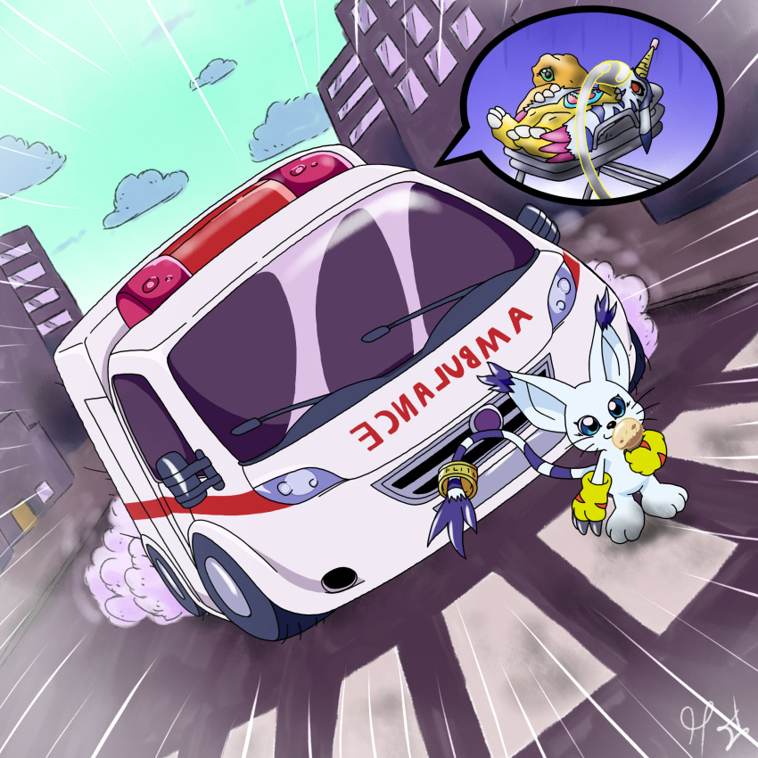 agumon ambulance animal_skin anthro bandai_namco blue_eyes car dessert digimon digimon_(species) food fur gabumon gatomon hi_res horn humor ice_cream ice_cream_cone imminent_death lego_tepi mask medical_instrument oxygen_mask scientific_instrument striped_body striped_fur stripes vehicle white_body white_fur yellow_body