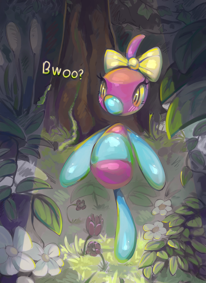 2024 absurd_res ambiguous_gender blue_body detailed_background digital_media_(artwork) eyelashes floating flower generation_4_pokemon hi_res metalisk nintendo outside pink_body plant pokemon pokemon_(species) porygon-z solo yellow_bow yellow_eyes yellow_sclera