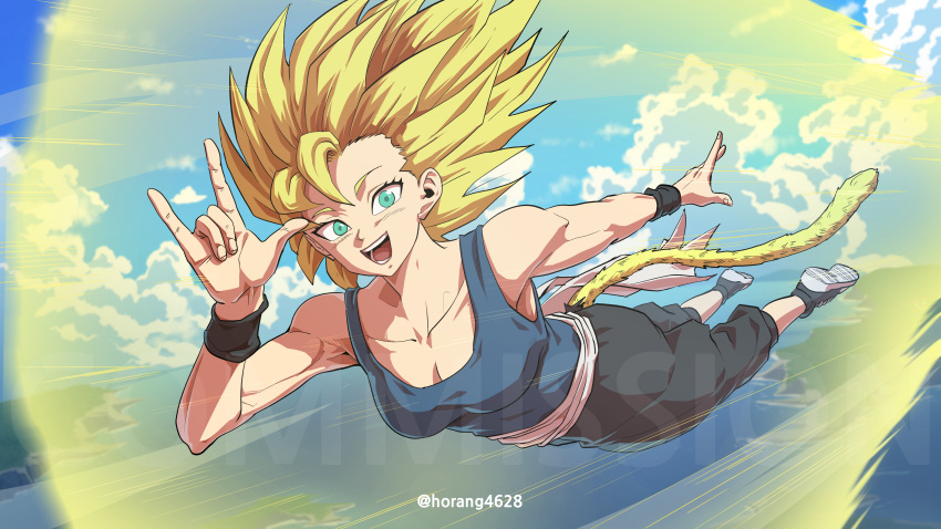 absurdres aqua_eyes aura black_pants black_wristband blonde_hair blue_sky blue_tank_top breasts cleavage cloud commission day dragon_ball dragon_ball_xenoverse english_commentary female flying highres horang4628 looking_at_viewer medium_breasts mirai_senshi monkey_girl monkey_tail open_mouth original pants saiyan sash sky smile solo spiked_hair super_saiyan tail tank_top toned_female twitter_username watermark white_sash