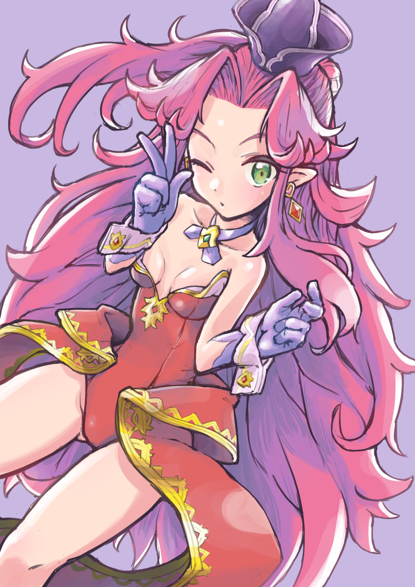 absurdres angela_(seiken_densetsu_3) breasts choker earrings female gem gloves green_eyes hands_up hat heart heart_earrings highres jewelry leotard long_hair looking_at_viewer o3o one_eye_closed pointy_ears ponytail purple_choker purple_gloves purple_hair purple_hat red_gemstone red_leotard seiken_densetsu seiken_densetsu_3 showgirl_skirt small_breasts solo strapless strapless_leotard user_jcut3854 v very_long_hair wrist_cuffs