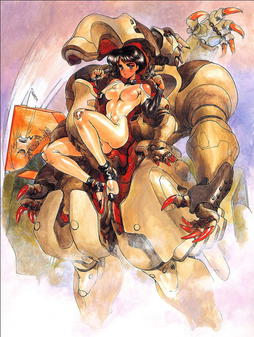 1980s_(style) appleseed bodysuit female fingerless_gloves gloves highres hitomi_(appleseed) impossible_bodysuit impossible_clothes intron_depot looking_at_viewer mecha open_cockpit retro_artstyle robot shirow_masamune short_hair toned