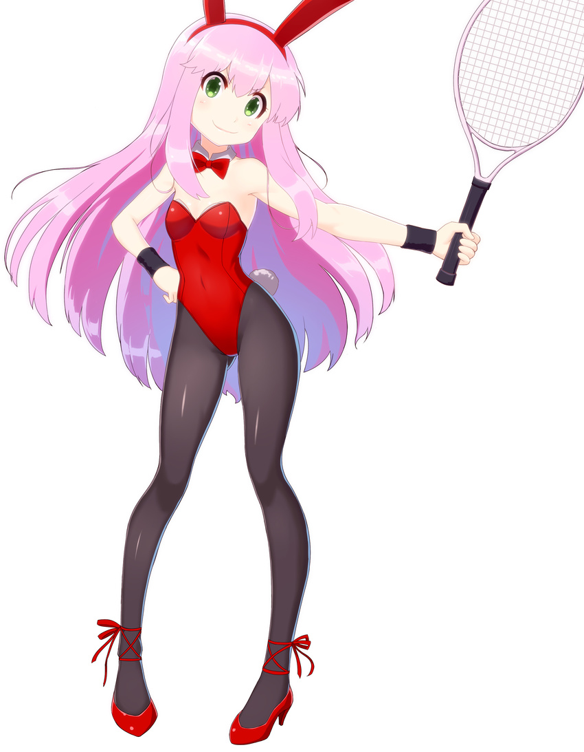 absurdres animal_ears bow bowtie commentary_request detached_collar female green_eyes highres long_hair pantyhose pink_hair playboy_bunny rabbit_ears rabbit_tail racket shinjou_kanae_(teekyuu) tail taka_(takahirokun) teekyuu tennis_racket wristband