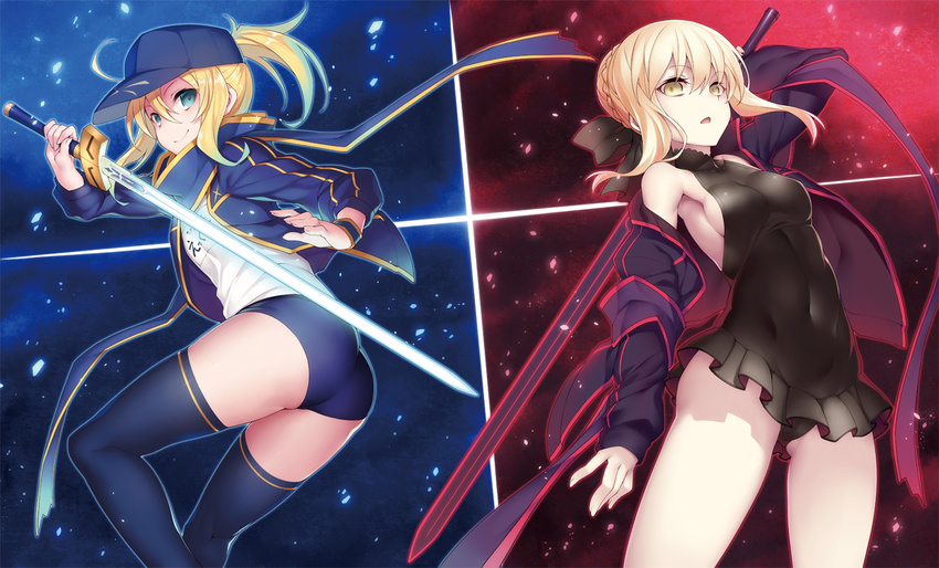 aqua_eyes ass blonde_hair bloomers breasts cameltoe fate/stay_night fate_(series) gym_uniform hat leotard navel ponytail saber saber_alter sideboob skintight sword thighhighs weapon yellow_eyes yuu_(amadoki)