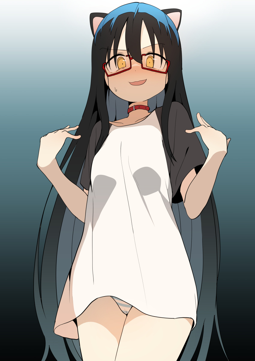 absurdres animal_ears black_hair blush bural_chingu cat_ears choker commentary female from_below glasses hair_between_eyes highres ju_hyeon-mi korean_commentary long_hair looking_at_viewer luke_(dydansgur) panties raglan_sleeves red-framed_eyewear shade solo striped_clothes striped_panties sweatdrop underwear very_long_hair yellow_eyes