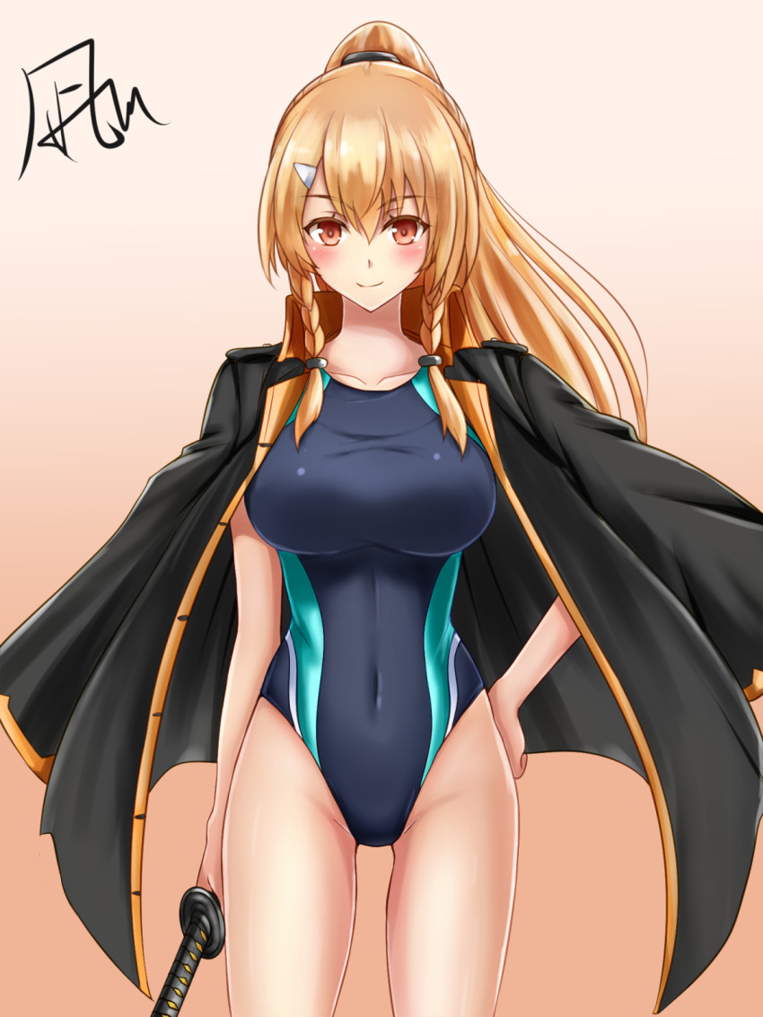 alternate_costume black_jacket braid brown_eyes brown_hair commentary_request competition_swimsuit cowboy_shot female gradient_background hand_on_own_hip highleg highleg_swimsuit highres jacket jacket_on_shoulders kijinmaru_kunishige_(tenka_hyakken) light_brown_hair long_hair looking_at_viewer nagishy one-piece_swimsuit orange_background smile solo swimsuit sword tenka_hyakken twin_braids weapon