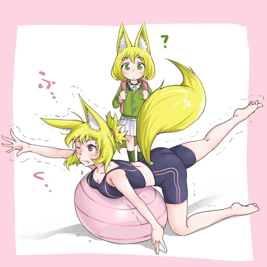 2girls ? absurdres animal_ears ass backpack bag ball bare_arms bare_shoulders barefoot bike_shorts blonde_hair blush breasts cleavage commentary doitsuken exercise_ball fang_out fox_daughter_(doitsuken) fox_ears fox_tail fox_wife_(doitsuken) green_eyes green_legwear highres holding_strap jewelry leaning_on_ball lolicon looking_at_another medium_breasts mother_and_daughter multiple_girls oerba_yun_fang original pink_eyes plantar_flexion reaching ring school_uniform short_hair skirt socks standing stretching tail tank_top trembling wedding_ring white_background white_skirt