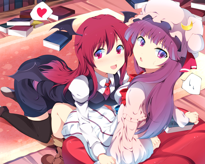 2girls bad_id bad_pixiv_id bat_wings black_legwear blush book boots bow crescent dress dress_shirt hat head_wings heart highres juliet_sleeves kneeling koakuma long_hair long_sleeves looking_at_viewer looking_back mizukami_ryouma multiple_girls necktie patchouli_knowledge puffy_sleeves purple_eyes purple_hair red_eyes red_hair red_necktie ribbon shirt sitting skirt smile spoken_heart spoken_sweatdrop sweatdrop thighhighs touhou vest wings zettai_ryouiki