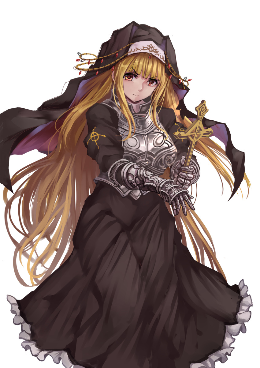 absurdres angelica_(brown_dust) armor blonde_hair brown_dust brown_eyes commentary_request cross dress female habit highres knight long_hair nun photoshop_(medium) solo yougenko