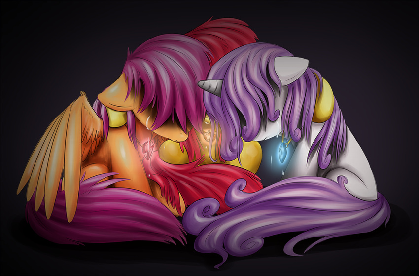 apple_bloom_(mlp) bodily_fluids crying cutie_mark_crusaders_(mlp) dark_background equid equine female feral friendship_is_magic fur group group_hug hair hasbro high-roller2108 horn horse hug hugging_another jewelry looking_down mammal my_little_pony mythological_creature mythological_equine mythology necklace orange_body orange_fur pegasus pony purple_hair red_hair sad scootaloo_(mlp) sweetie_belle_(mlp) tears unicorn white_body white_fur wings yellow_body yellow_fur young young_feral