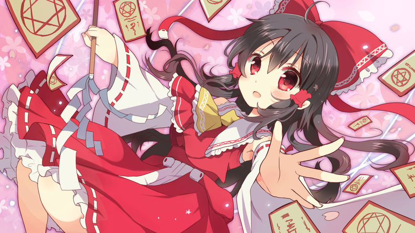 ascot black_hair blush bow commentary_request detached_sleeves dress female gohei hair_tubes hairbow hakurei_reimu long_sleeves looking_at_viewer oonusa open_mouth red_bow red_dress red_eyes shiroi_hakuto solo spell_card touhou wide_sleeves