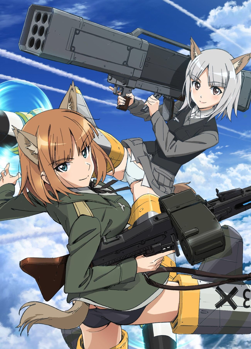 2girls animal_ears ass black_panties blue_eyes brave_witches brown_eyes cloud commentary_request day drum_magazine dual_drum_magazine edytha_rossmann extra_ears fliegerhammer flying fox_ears fox_girl fox_tail gun gundula_rall highres holding holding_gun holding_weapon machine_gun magazine_(weapon) mg42 multiple_girls multishot_rocket_launcher official_art orange_hair panties propeller rocket_launcher roundel sky smile striker_unit tail takamura_kazuhiro underwear uniform weapon white_hair white_panties wolf_ears wolf_girl wolf_tail world_witches_series