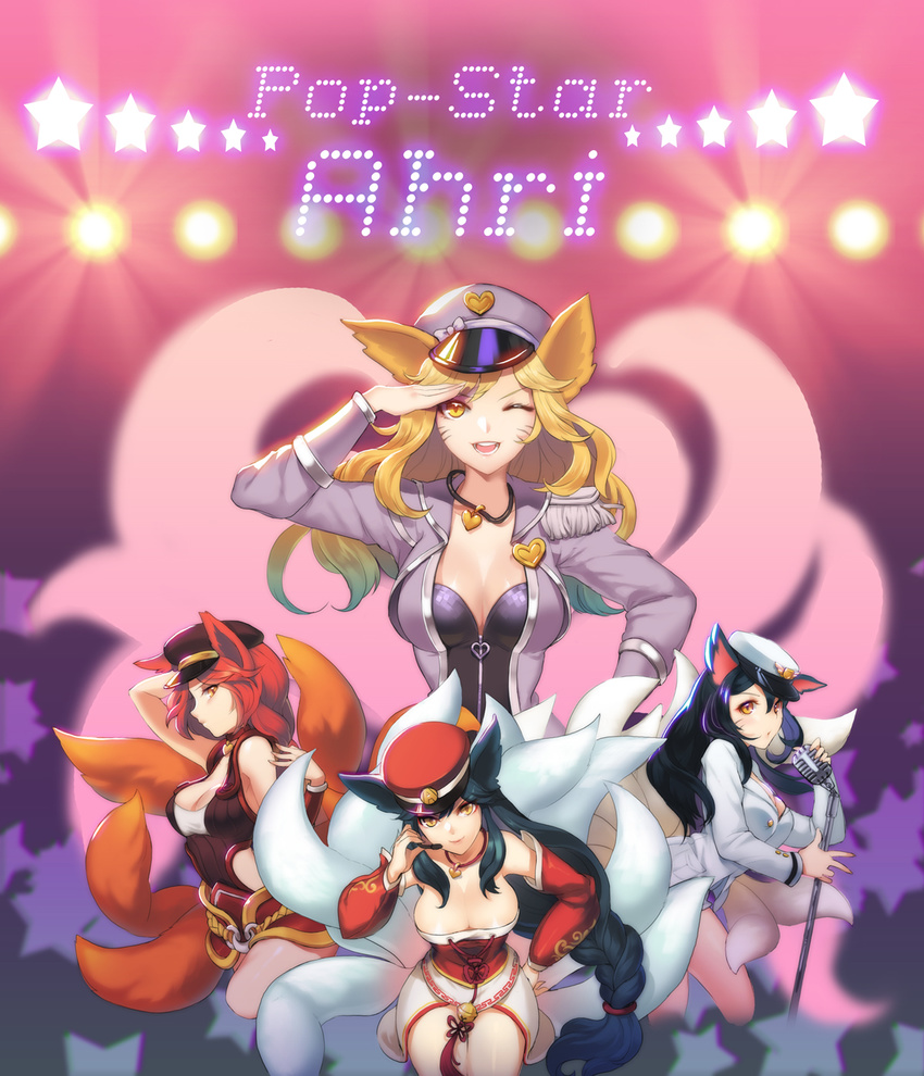 4girls ;d ahri_(league_of_legends) alternate_costume alternate_hair_color animal_ears bare_shoulders bell black_hair blonde_hair braid breasts buttons character_name cleavage commentary_request cosplay dakun detached_sleeves epaulettes facial_mark fox_ears fox_tail foxfire_ahri generation_ahri girls'_generation gradient hand_on_own_hip hat headset heart heart_necklace highres idol jacket jewelry jingle_bell korean_clothes large_breasts league_of_legends lights long_hair long_sleeves looking_at_viewer looking_back microphone microphone_stand military military_uniform multiple_girls multiple_persona multiple_tails naval_uniform necklace one_eye_closed open_clothes open_jacket open_mouth peaked_cap photoshop_(medium) popstar_ahri profile red_hair rope salute sidelocks single_braid slit_pupils smile star_(symbol) tail tassel uniform very_long_hair whisker_markings yellow_eyes zipper