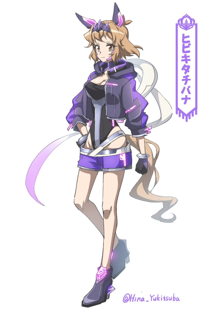 artist_name bad_id bad_pixiv_id blonde_hair boots breasts cleavage commentary_request eyelashes female full_body gloves hair_ornament highres jacket looking_at_viewer medium_breasts purple_footwear purple_jacket senki_zesshou_symphogear senki_zesshou_symphogear_xd_unlimited short_hair simple_background solo standing tachibana_hibiki_(symphogear)_(another) translation_request twitter_username white_background yellow_eyes yukitsuba_hina