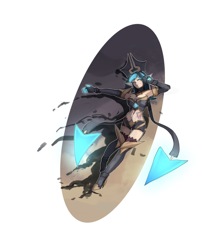 absurdres armpits bare_shoulders black_gloves black_hair black_shorts breasts brown_background cleavage commentary_request crop_top elbow_gloves evelynn_(league_of_legends) female fingerless_gloves gloves grey_background high_heels highres horns league_of_legends long_hair looking_at_viewer medium_breasts navel parted_lips scarf shadow_evelynn shorts shuuko_(s_h_uuko) smile tattoo teeth thighhighs transparent_background v