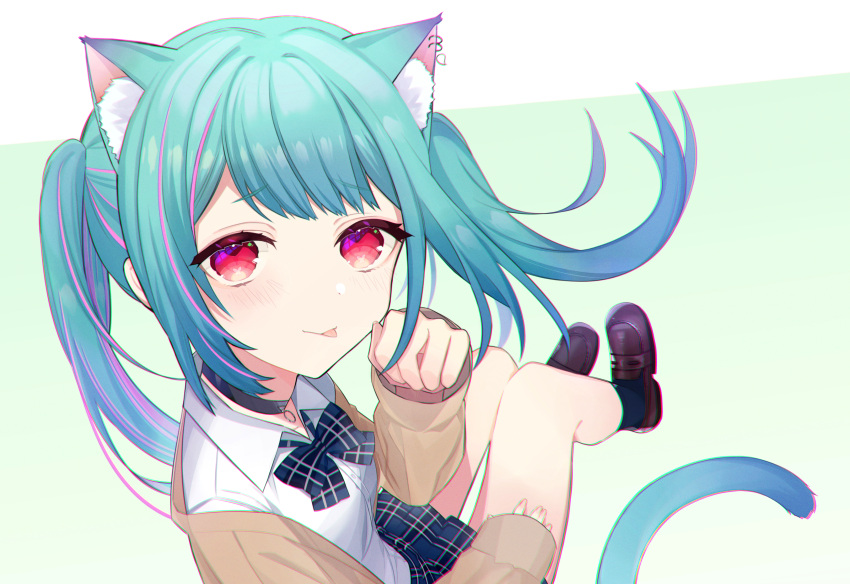 :p absurdres animal_ear_fluff animal_ears aqua_hair black_hair blue_bow blue_socks blush bow bowtie brown_footwear cat_ears cat_girl cat_tail choker collared_shirt commentary earrings female gradient_background green_background highres hololive jacket jewelry kemonomimi_mode loafers long_hair long_sleeves looking_at_viewer multicolored_hair official_alternate_costume paw_pose pink_eyes pink_hair plaid plaid_bow plaid_bowtie plaid_skirt pleated_skirt red_eyes school_uniform shirt shoes skirt sleeves_past_wrists smile socks solo streaked_hair symbol-only_commentary tail tongue tongue_out twintails uehara_(dormmmmir_) uruha_rushia uruha_rushia_(school_uniform) very_long_hair virtual_youtuber white_shirt