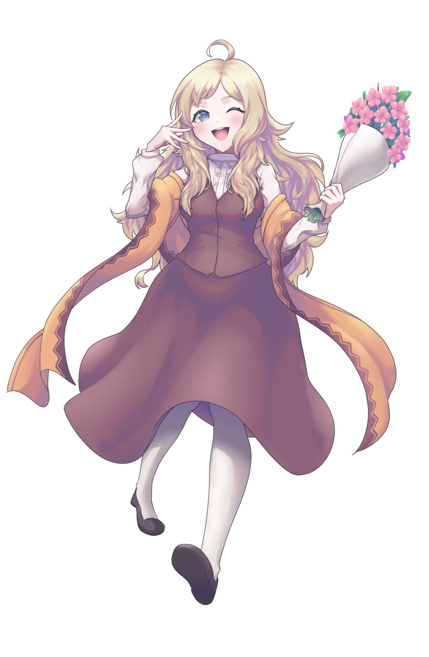 ahoge alternate_costume blonde_hair bouquet female fire_emblem fire_emblem_fates flower full_body grey_eyes highres holding holding_bouquet long_hair long_sleeves looking_at_viewer one_eye_closed open_mouth ophelia_(fire_emblem) scarf second-party_source sher_(imnotsher) teeth turtleneck upper_teeth_only