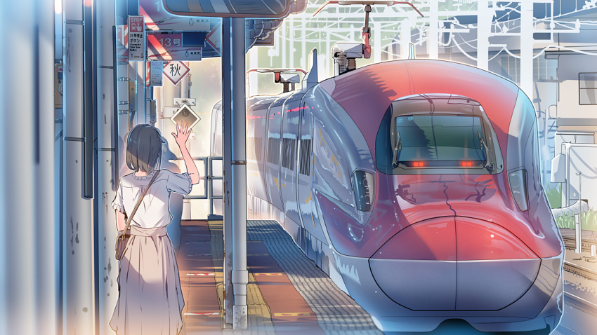 bag black_hair blouse brown_skirt commentary_request daito e6_komachi female handbag original overhead_line railroad_tracks shinkansen shirt short_hair sign skirt solo train train_station train_station_platform vehicle_focus waving white_shirt