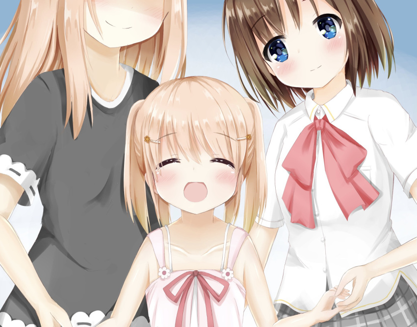 3girls arizuki_shiina arizuki_ui bad_id bad_pixiv_id black_shirt blue_eyes blush brown_hair closed_eyes dress faceless faceless_female family grey_skirt hair_ornament hairclip head_out_of_frame highres holding_hands kud_wafter kudpoid_(71139) little_busters! little_busters!_school_uniform long_hair md5_mismatch mother_and_daughter multiple_girls open_mouth pink_dress plaid plaid_skirt quad_tails resolution_mismatch school_uniform shirt short_sleeves siblings sisters skirt smile source_smaller sundress tears upper_body white_dress white_shirt