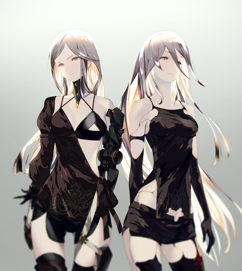 2girls a2_(nier:automata) absurdres android armlet backlighting black_gloves black_shorts bow closed_mouth collarbone commentary_request elbow_gloves feather-trimmed_sleeves frenlyse gloves gradient_background grey_eyes highres joints juliet_sleeves long_hair long_sleeves mechanical_arms mechanical_legs mole mole_under_mouth multiple_girls nier_(series) nier_reincarnation no_bangs prosthesis prosthetic_arm prosthetic_leg puffy_sleeves robot_joints shorts single_mechanical_arm single_mechanical_leg takagi_masafumi tank_top very_long_hair white_hair