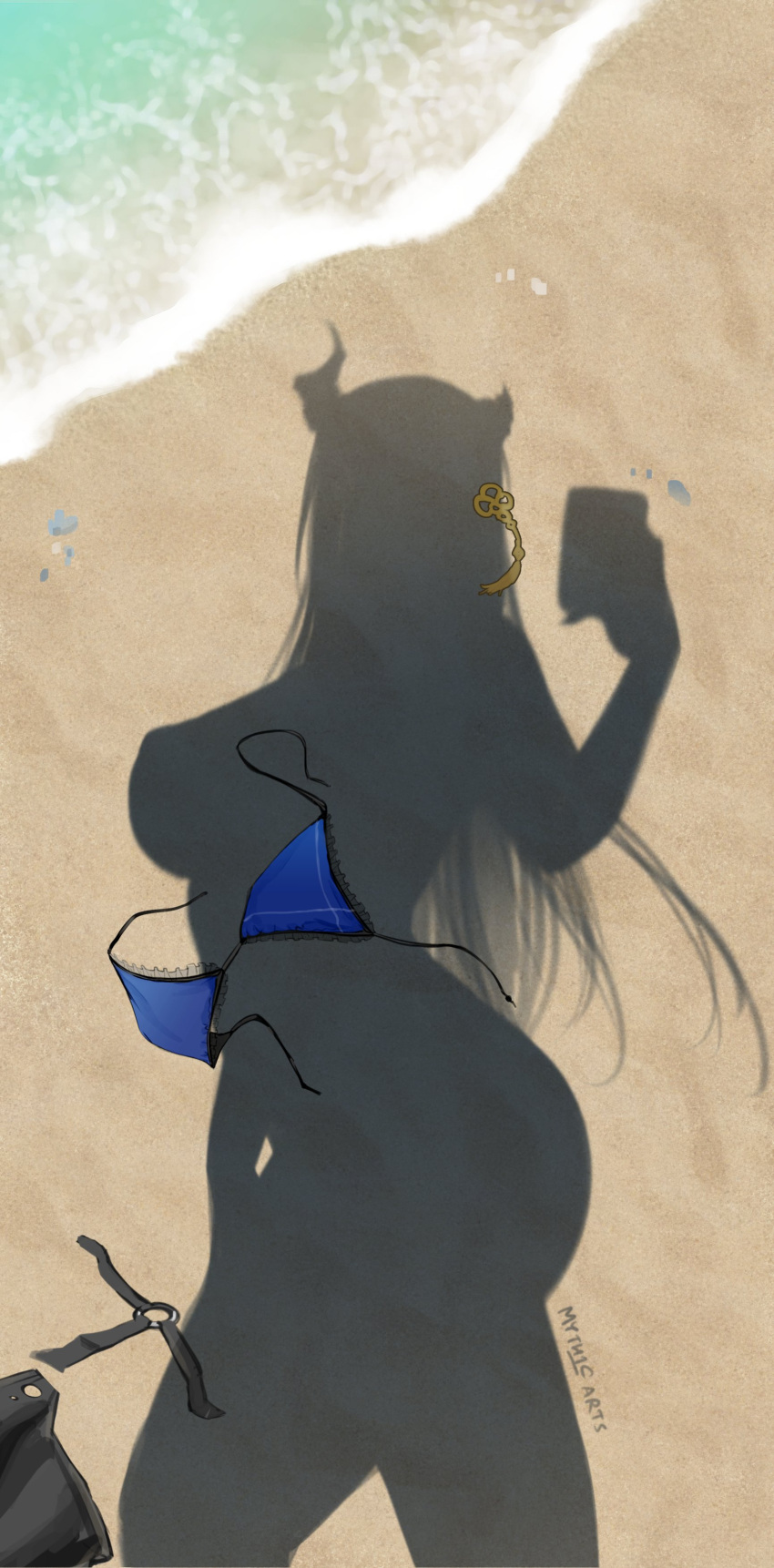 absurdres beach bikini bikini_top_only blue_bikini bottomless breasts dressed_shadow_(meme) female hair_ornament hand_on_own_leg highres hololive hololive_english horns implied_nudity large_breasts long_hair meme myth1carts nerissa_ravencroft sand selfie shadow silhouette solo swimsuit tassel tassel_hair_ornament untied_bikini very_long_hair virtual_youtuber