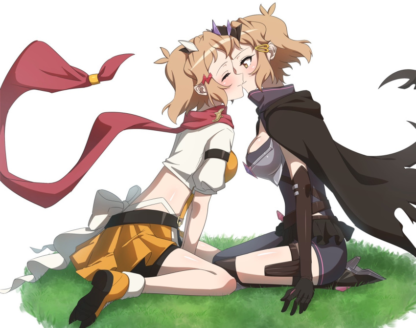 2girls bad_id bad_pixiv_id black_cape black_gloves blonde_hair blush bodysuit boots breasts cape cleavage closed_eyes commentary_request dual_persona eyelashes gloves hair_ornament hairclip happy imminent_kiss large_breasts looking_at_another multiple_girls orange_skirt red_scarf scar scar_on_chest scarf selfcest senki_zesshou_symphogear senki_zesshou_symphogear_xd_unlimited short_hair sitting skirt smile tachibana_hibiki_(symphogear) tachibana_hibiki_(symphogear)_(another) yellow_eyes yukitsuba_hina yuri