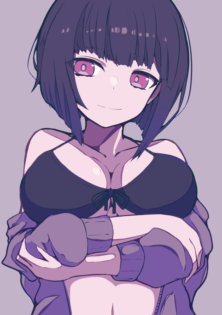 arms_under_breasts bare_shoulders bikini black_bikini black_hair breasts cleavage closed_mouth collarbone commentary demimushi female grey_background highres jacket kakuchou_shoujo-kei_trinary koigasaki_miyabi looking_at_viewer medium_breasts navel off_shoulder open_clothes open_jacket purple_jacket red_eyes short_hair simple_background smile solo swimsuit upper_body