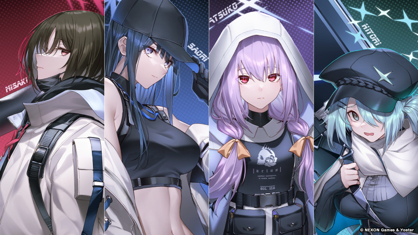 4girls aqua_hair arius_squad_(blue_archive) atsuko_(blue_archive) baseball_cap black_hair black_headwear black_shirt blue_archive breasts character_name closed_mouth crop_top famepeera green_hair hair_over_one_eye halo hat hat_ornament highres hiyori_(blue_archive) hood hood_up jacket large_breasts long_hair long_sleeves looking_at_viewer medium_breasts midriff misaki_(blue_archive) multiple_girls navel official_art open_clothes open_jacket purple_eyes purple_hair red_eyes saori_(blue_archive) scarf shirt short_hair star_(symbol) star_hat_ornament tactical_clothes upper_body white_jacket