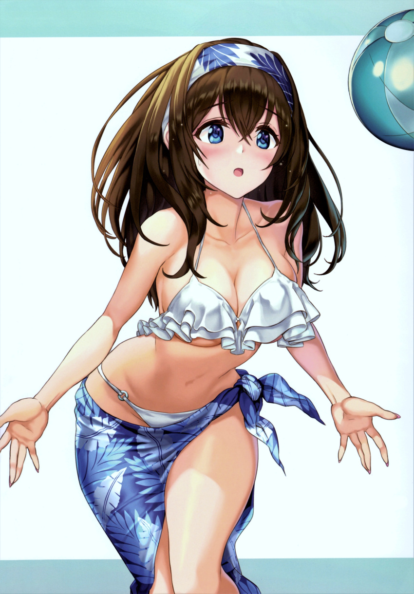 absurdres ball bare_shoulders beachball bikini blue_eyes blush breasts brown_hair cleavage collarbone female hair_between_eyes hairband halterneck hamahama highres hip_focus idolmaster idolmaster_cinderella_girls large_breasts long_hair navel o-ring open_mouth sagisawa_fumika sarong scan simple_background solo string_bikini swimsuit thighs white_bikini