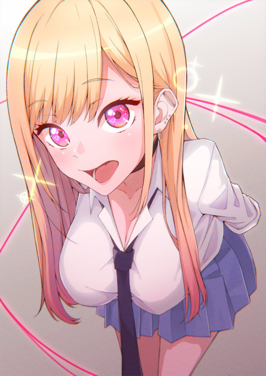 barbell_piercing black_necktie blonde_hair breasts cleavage ear_piercing female gyaru highres industrial_piercing kitagawa_marin kogal leaning_forward long_hair looking_at_viewer multicolored_hair multiple_piercings necktie piercing pink_hair purple_eyes school_uniform shichiroku_(pixiv_25029782) solo sono_bisque_doll_wa_koi_wo_suru streaked_hair swept_bangs