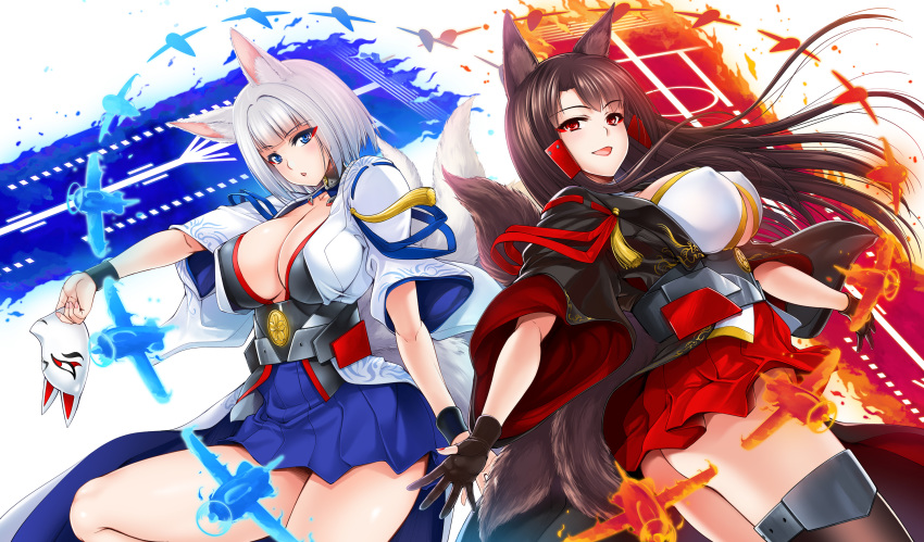 2girls akagi_(azur_lane) animal_ear_fluff animal_ears azur_lane black_footwear black_gloves black_shirt blue_eyes blue_skirt blunt_bangs blunt_ends bob_cut boots breasts brown_hair cleavage commentary_request fire fox_ears fox_mask fox_tail gen_(genetrix) gloves hair_ornament hakama hakama_short_skirt hakama_skirt highres holding holding_mask japanese_clothes kaga_(azur_lane) large_breasts long_hair looking_at_viewer makeup mascara mask miniskirt multiple_girls open_mouth parted_lips red_eyes red_skirt shirt short_hair short_sleeves skirt smile standing tail tassel thigh_boots thighhighs white_hair white_shirt wide_sleeves wristband