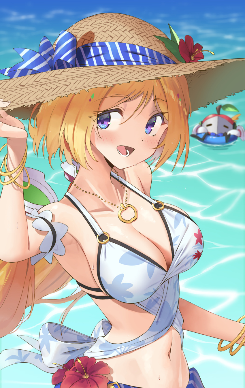 absurdres aki_rosenthal aki_rosenthal_(hololive_summer_2019) armpits blonde_hair bob_cut bracelet breasts cleavage collarbone detached_hair detached_hood eyelashes eyes_visible_through_hair female floral_print flower hat hat_flower hat_ribbon highres hololive innertube jewelry low_twintails navel necklace official_alternate_costume open_mouth outdoors parted_bangs purple_eyes ribbon rosen-tai solo_focus straw_hat swim_ring swimsuit twin_(tt_lsh) twintails virtual_youtuber water