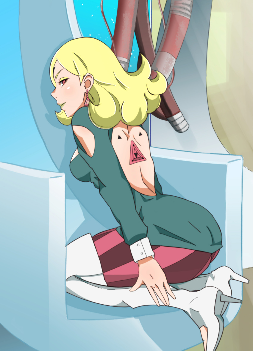 ass blonde_hair boots boruto:_naruto_next_generations boruto:_naruto_the_movie delta_(boruto) earrings female from_behind highres hiropon_(hjxp2347) jewelry long_hair looking_at_viewer looking_back naruto_(series) pantyhose red_eyes smile solo thigh_boots thighhighs white_footwear