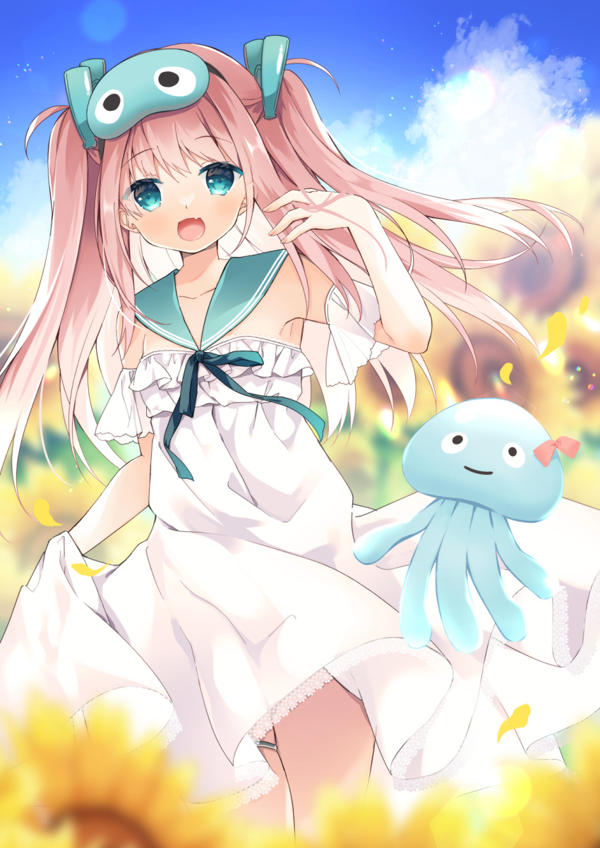 :d bad_id bad_pixiv_id bare_shoulders blue_eyes blue_sailor_collar blurry blurry_background blurry_foreground character_request commentary_request day dress female field flower flower_field hand_up highres long_hair looking_at_viewer octopus oerba_yun_fang outdoors petals pink_hair purinpurin sailor_collar sailor_dress skindentation smile solo sunflower sunflower_field thigh_strap two_side_up very_long_hair virtual_youtuber vpro white_dress yellow_flower