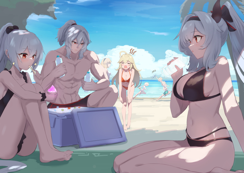 2boys 6+girls abs afrody ahoge beach bikini black_bikini black_hairband black_one-piece_swimsuit black_shorts blonde_hair blurry blush bottle breasts casual_one-piece_swimsuit character_request cleavage closed_eyes cloud cloudy_sky commentary_request count_of_demonshire_claude elite_royal_guard_captain_valencia father_and_daughter female_knight_(guardian_tales) future_princess grey_hair guardian_tales hairband half_vampire_priscilla halterneck high_ponytail highres holding holding_bottle knees_up large_breasts leaning_forward little_princess_(guardian_tales) long_hair looking_at_object looking_at_viewer male_knight_(guardian_tales) multiple_boys multiple_girls muscular muscular_male navel necromancer_noxia ocean one-piece_swimsuit open_mouth ponytail red_bikini red_eyes short_ponytail shorts sitting sky summer swimsuit topless topless_male wariza water_bottle