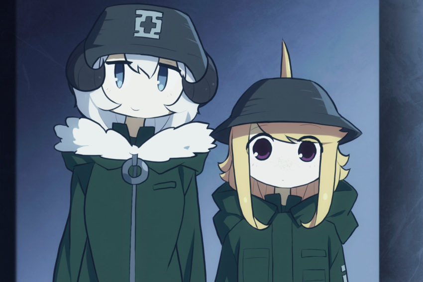 2girls blonde_hair blue_eyes chito_(shoujo_shuumatsu_ryokou) chito_(shoujo_shuumatsu_ryokou)_(cosplay) closed_mouth coat cosplay d-floe expressionless fins green_coat head_fins long_hair looking_at_viewer multiple_girls original purple_eyes shark_girl short_hair shoujo_shuumatsu_ryokou smile yuuri_(shoujo_shuumatsu_ryokou) yuuri_(shoujo_shuumatsu_ryokou)_(cosplay)